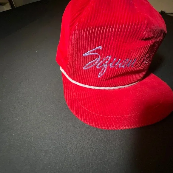 VTG 70s Squaw Valley Hat Snapback Red Corduroy California Headwear Skiwear USA
